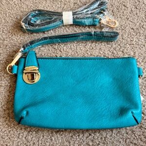 Turquoise Faux Leather Zip Top Wristlet Crossbody